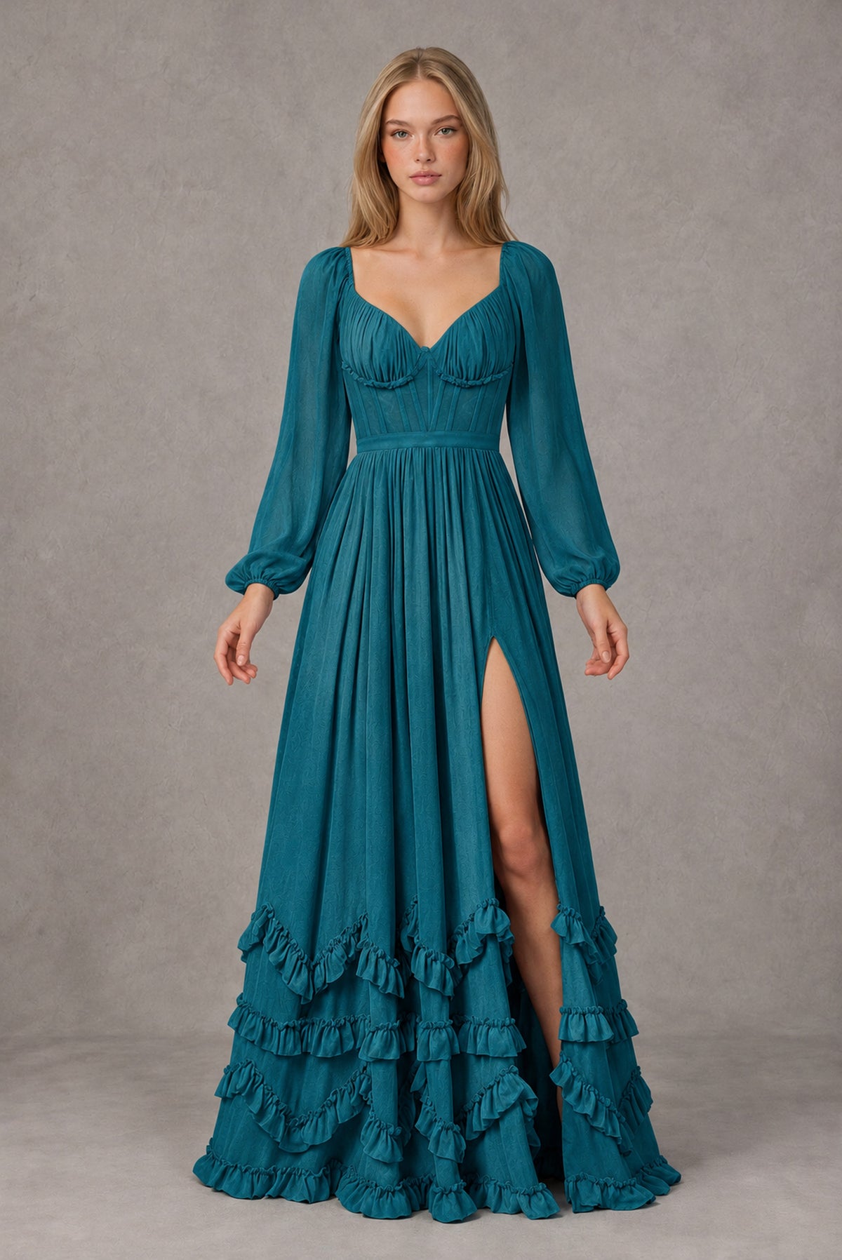Peacock Long-Sleeve Ruffle Maxi Dress with Lace-Up Back and Slit - Peacock