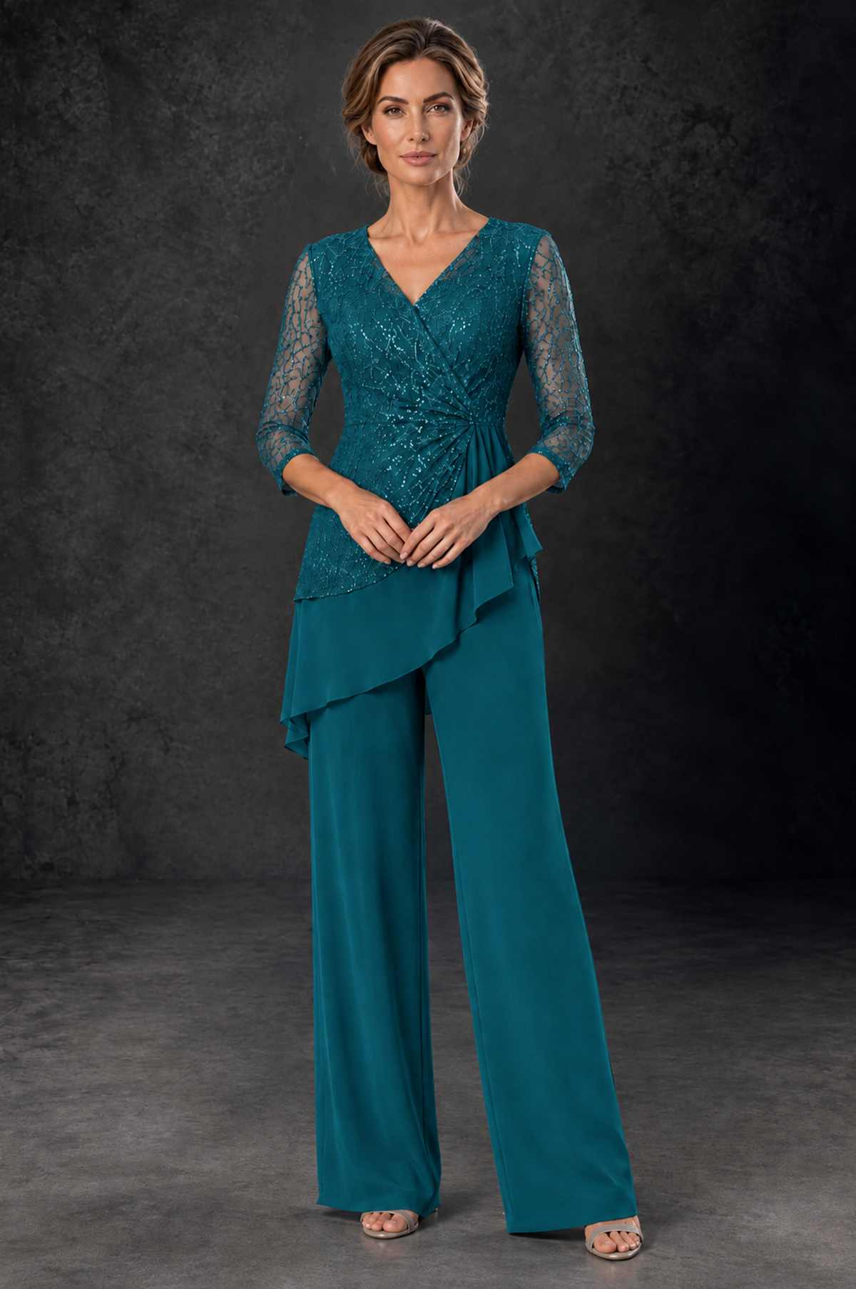 BOLODOO Peacock Sequin Lace 3/4 Sleeve Chiffon Mother of the Bride Pant Suit - Peacock - Peacock_1