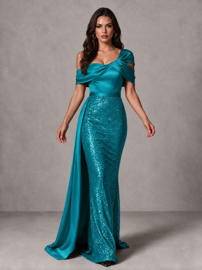 BOLODOO Peacock Sequin Mermaid Evening Dress with Off-Shoulder Satin Drape and Sweep Train - Peacock - Peacock_1