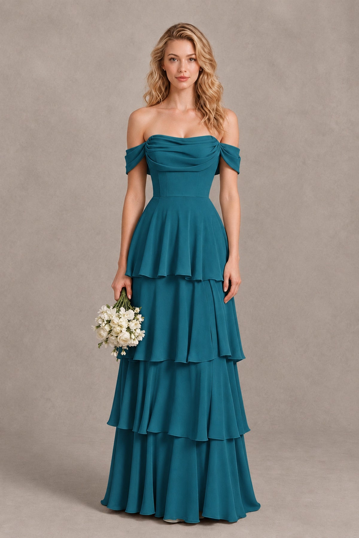 BOLODOO Peacock Off-the-Shoulder Tiered A-Line Evening Bridesmaid Dress - Peacock - Peacock_1