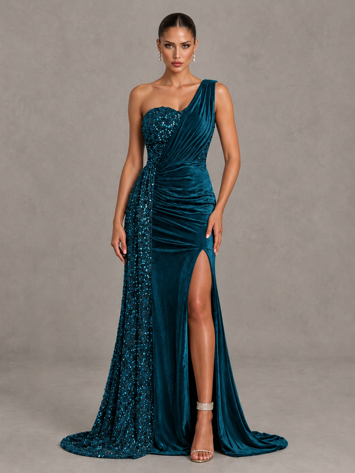 BOLODOO Peacock One-Shoulder Satin Sequin Gown with High Slit - Peacock - Peacock_1