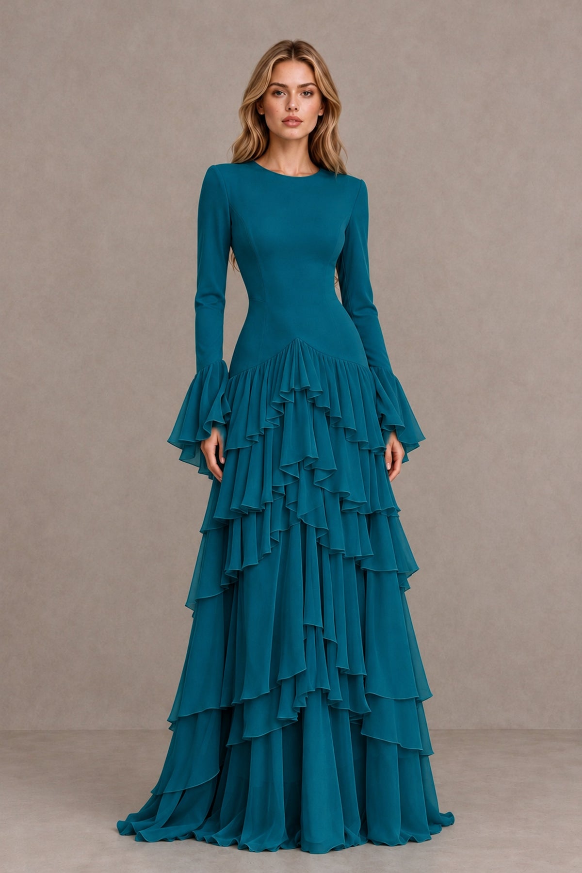 Peacock Long Sleeve Tiered Ruffle Evening Gown - Peacock - Peacock_1