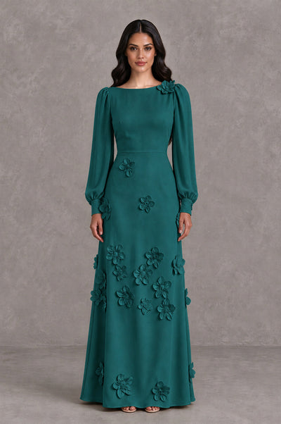 BOLODOO Peacock Long Sleeve Floral Applique A-Line Evening Dress - Peacock - Peacock_1