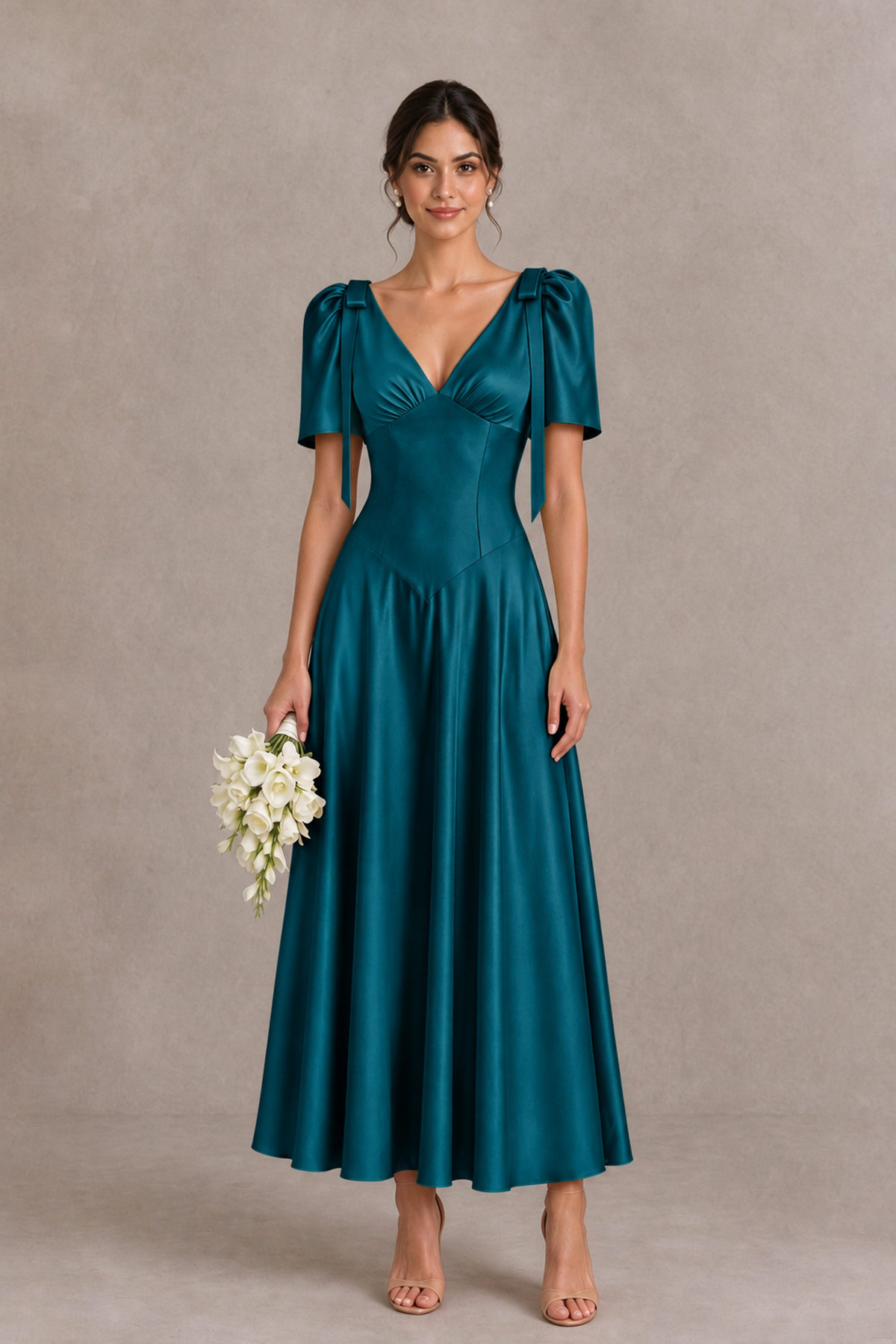 BOLODOO Peacock V-Neck Short Sleeve Satin-Look Bridesmaid Dress with Shoulder Bows - Peacock - Peacock_1