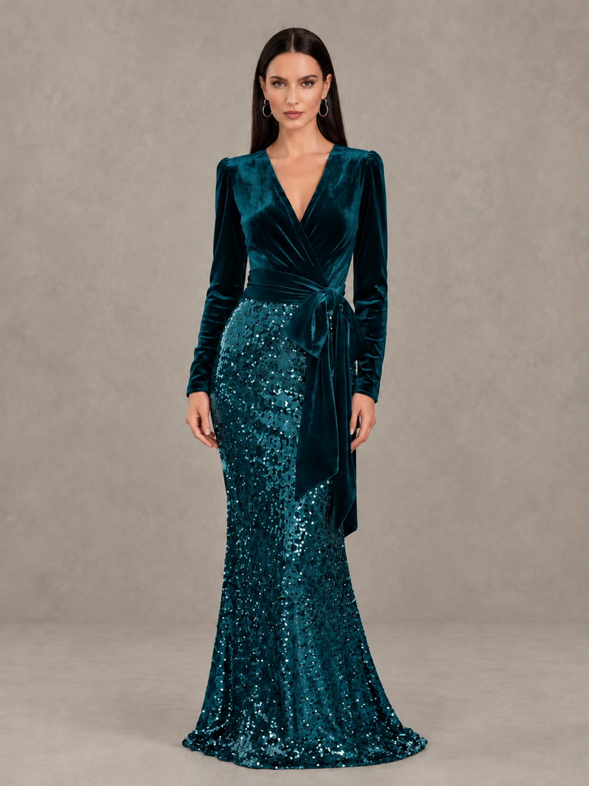 BOLODOO Peacock Velvet & Sequin Long Sleeve V-Neck Mermaid Evening Gown - Peacock - Peacock_1