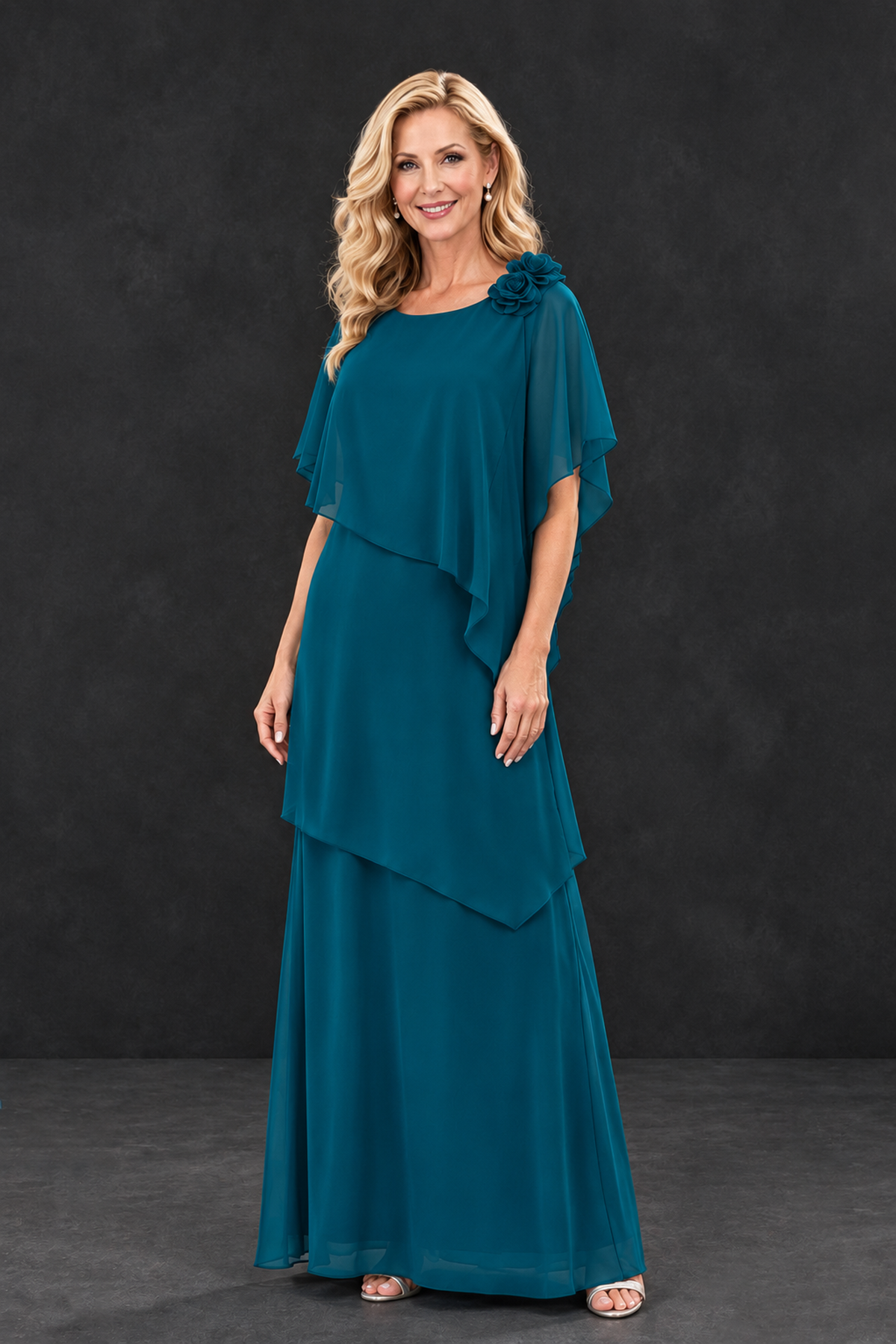 BOLODOO Peacock Tiered Flutter Sleeve Mother of the Bride Maxi Dress - Peacock - Peacock_1