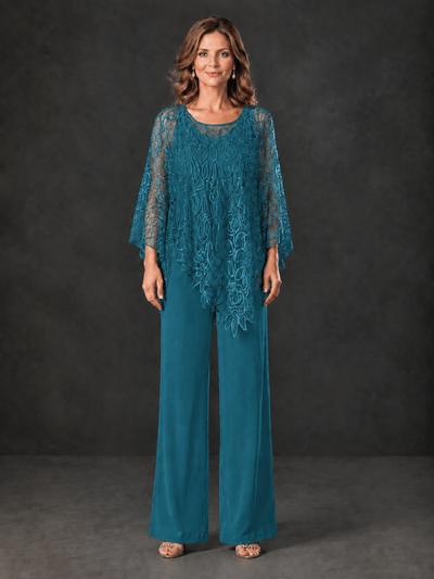 BOLODOO Peacock Lace Overlay Wide-Leg Pantsuit for Mothers of the Bride - Peacock