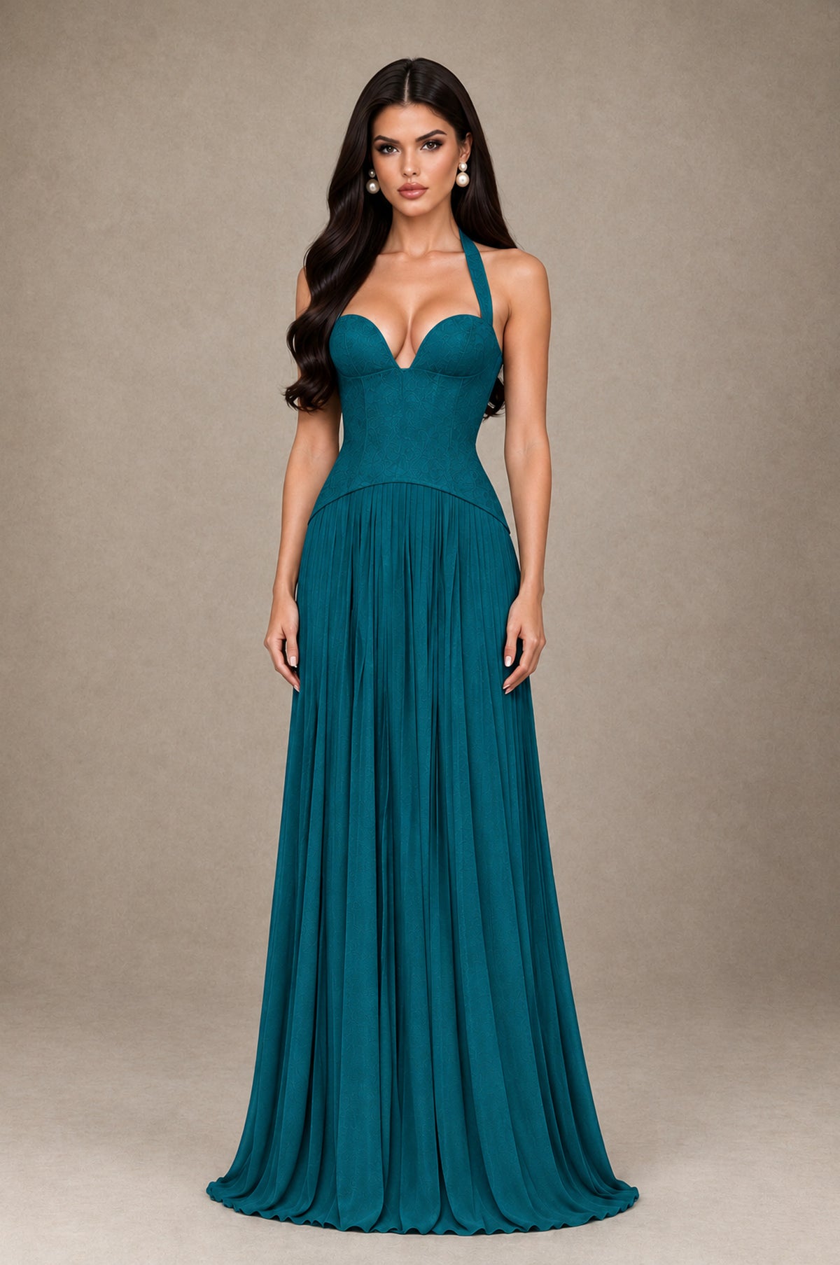 BOLODOO Peacock Halter Corset Pleated A-Line Evening Dress - Peacock - Peacock_1