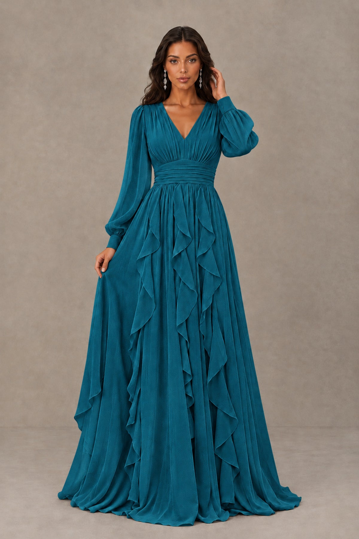 BOLODOO Peacock Long Sleeve V-Neck Ruffle Maxi Dress - Peacock