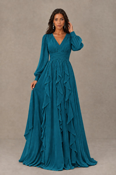 BOLODOO Peacock Long Sleeve V-Neck Ruffle Maxi Dress - Peacock