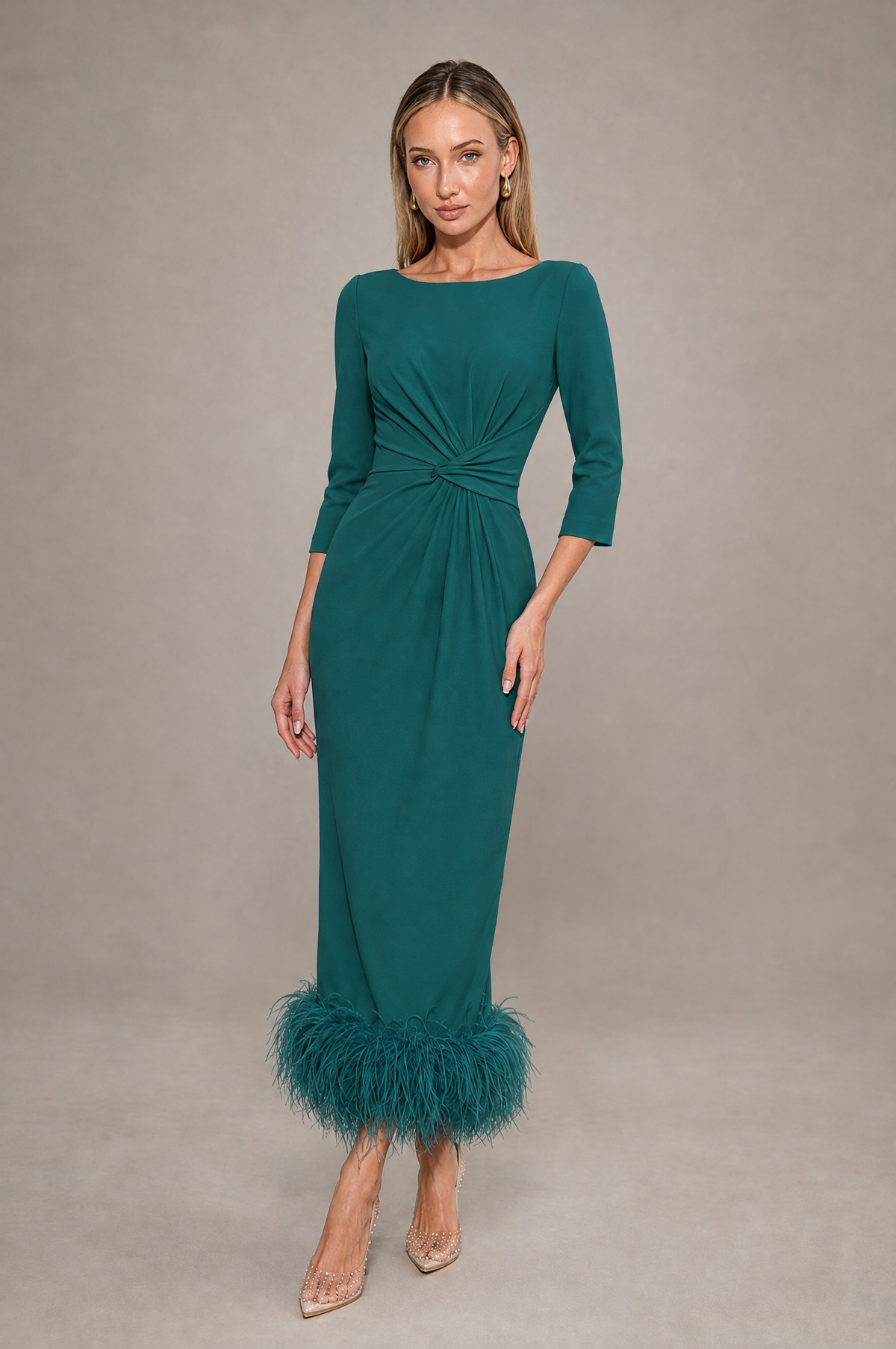 BOLODOO Peacock Feather-Trim Twist-Waist Midi Dress - Peacock - Peacock_1