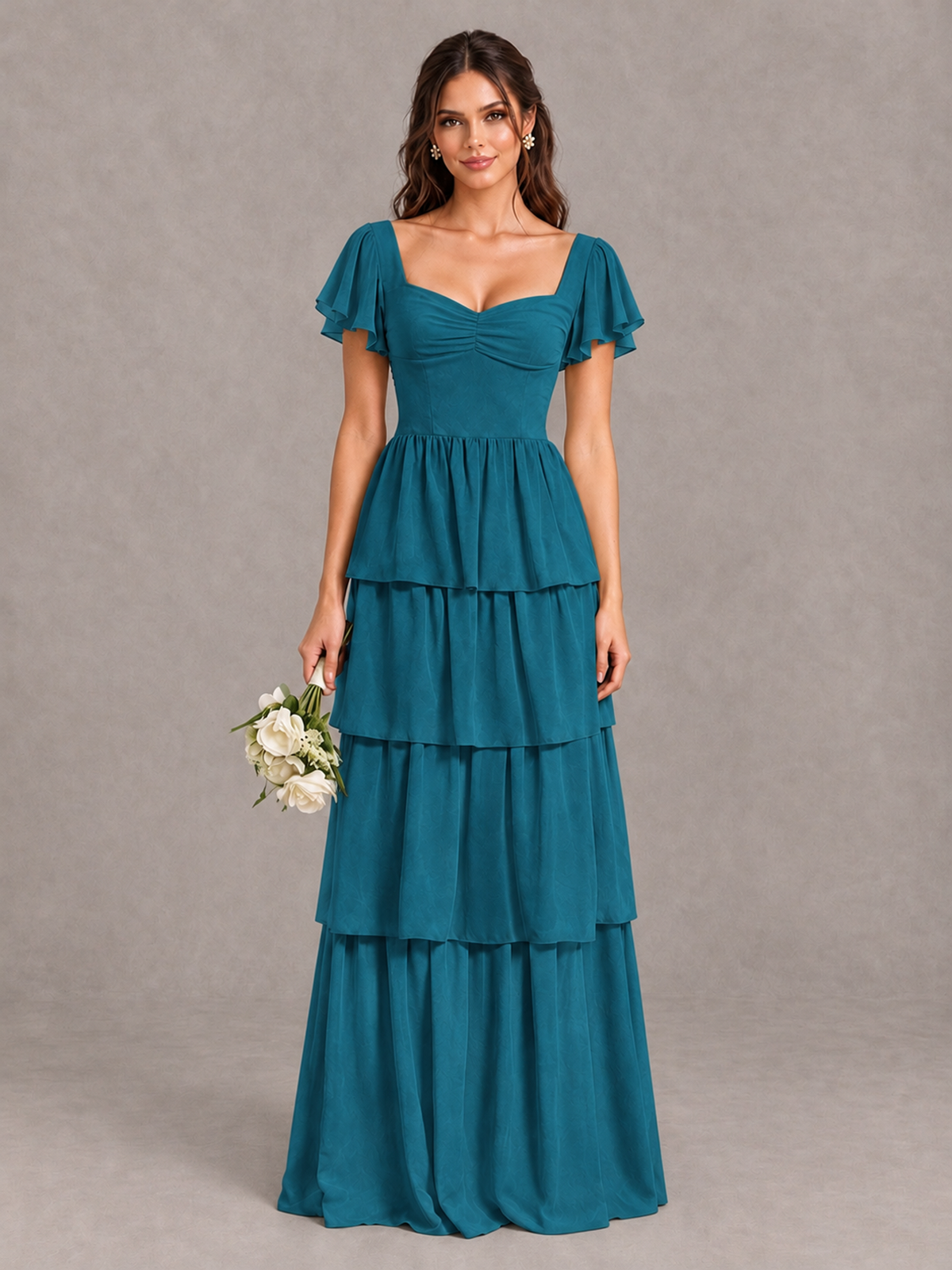 BOLODOO Peacock Flutter Sleeve Tiered Maxi Bridesmaid Dress - Peacock - Peacock_1