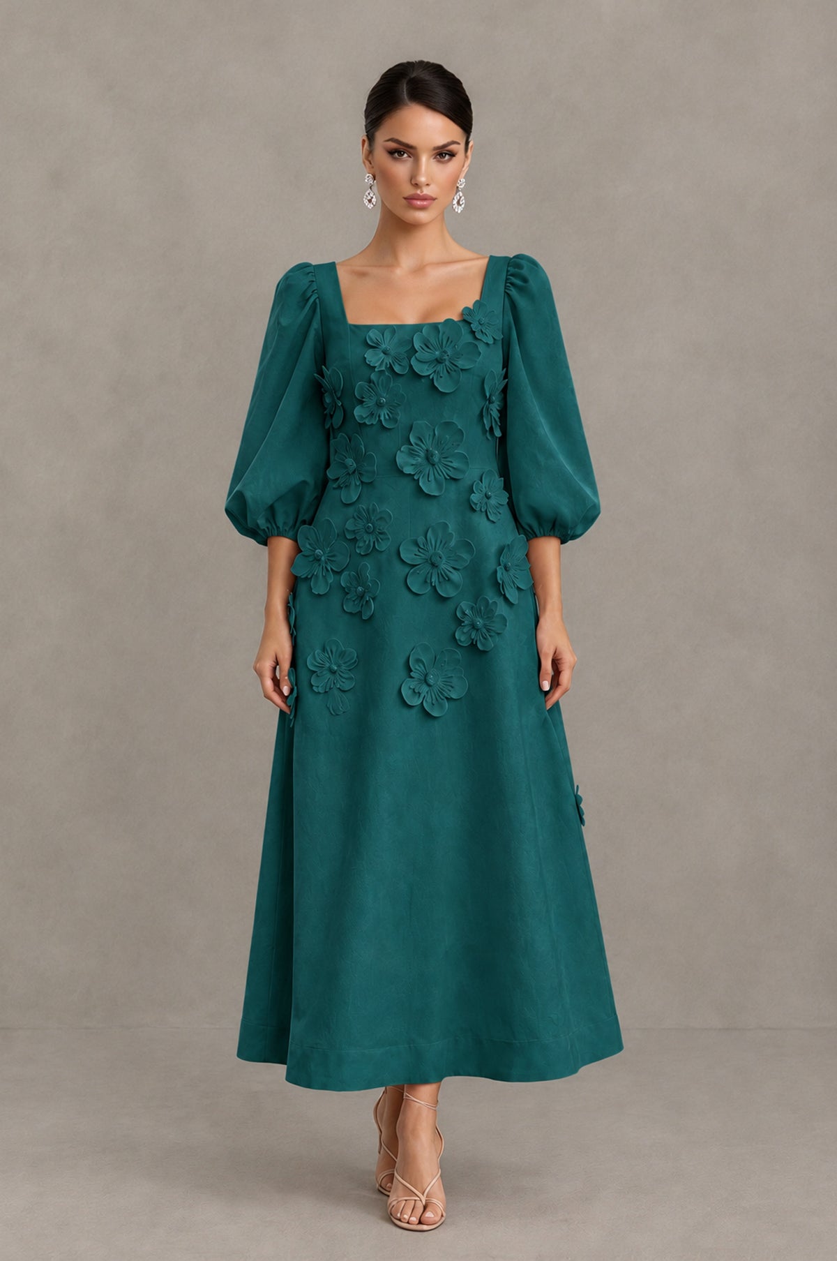 BOLODOO Peacock 3D Floral Puff Sleeve Midi Cocktail Dress - Peacock - Peacock_1