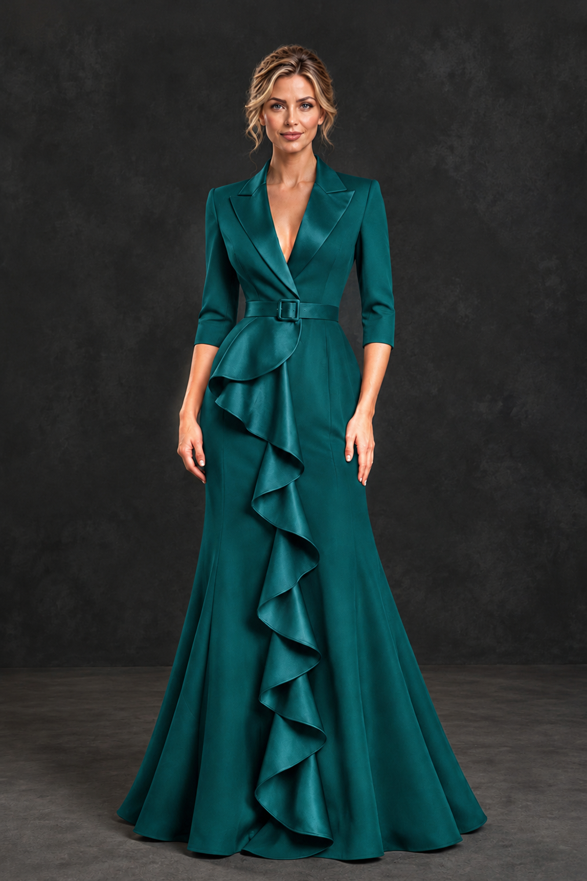 BOLODOO Peacock Lapel Ruffle Mother of the Bride Dress with Belt - Peacock - Peacock_1