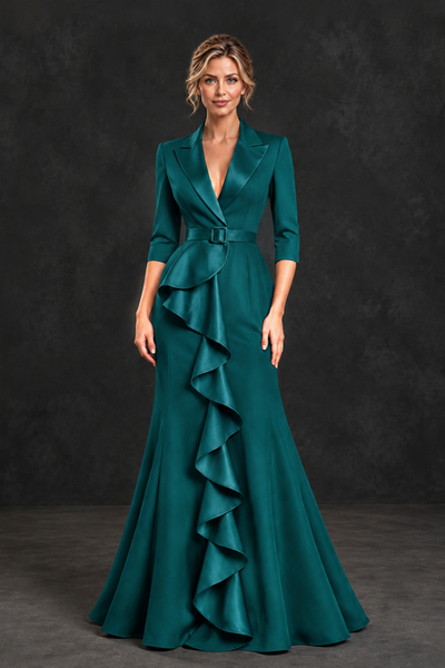 BOLODOO Peacock Lapel Ruffle Mother of the Bride Dress with Belt - Peacock - Peacock_1