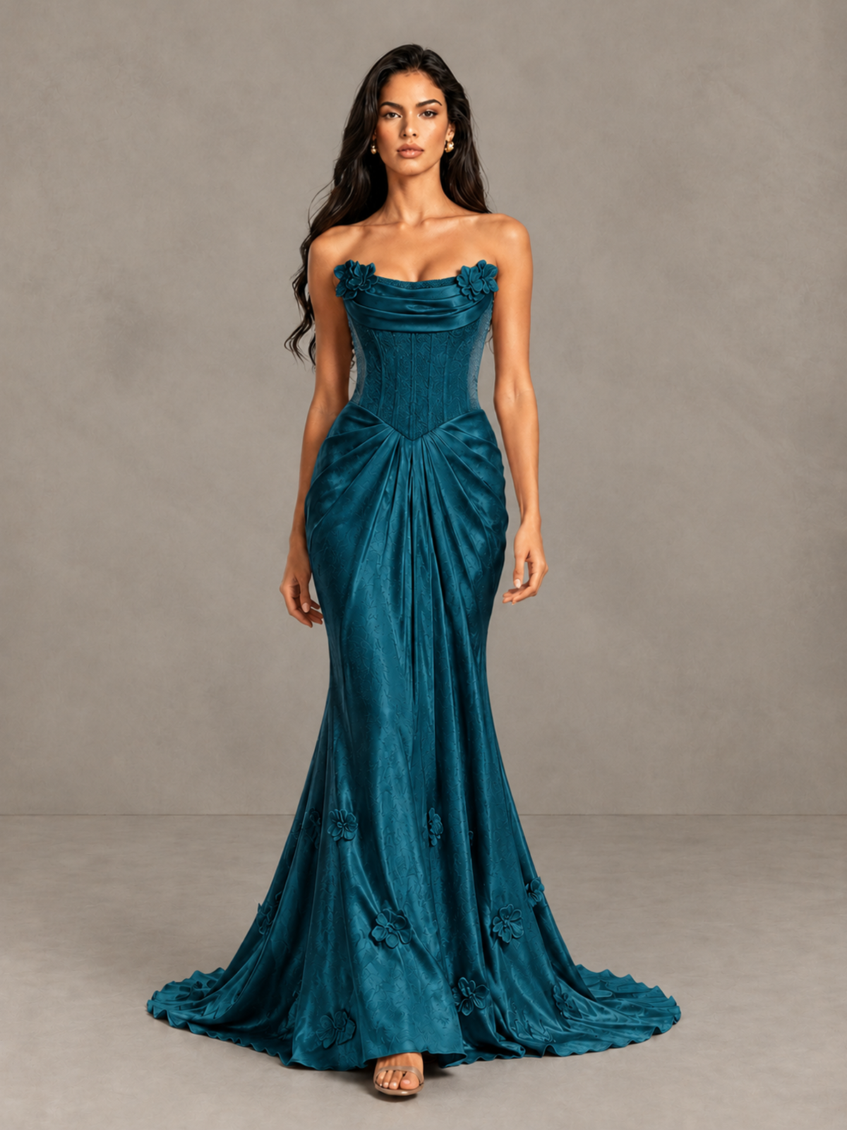BOLODOO Peacock Strapless Floral Corset Evening Gown with Train - Peacock - Peacock_1
