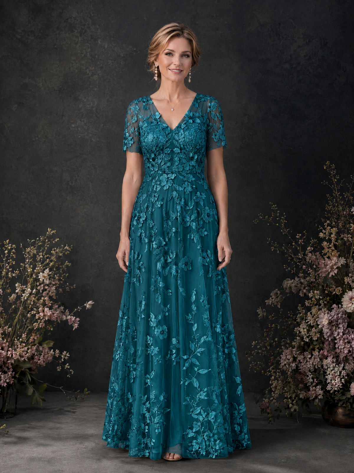 BOLODOO Peacock 3D Floral Embroidered Lace V-Neck Short Sleeve A-Line Maxi Dress - Peacock