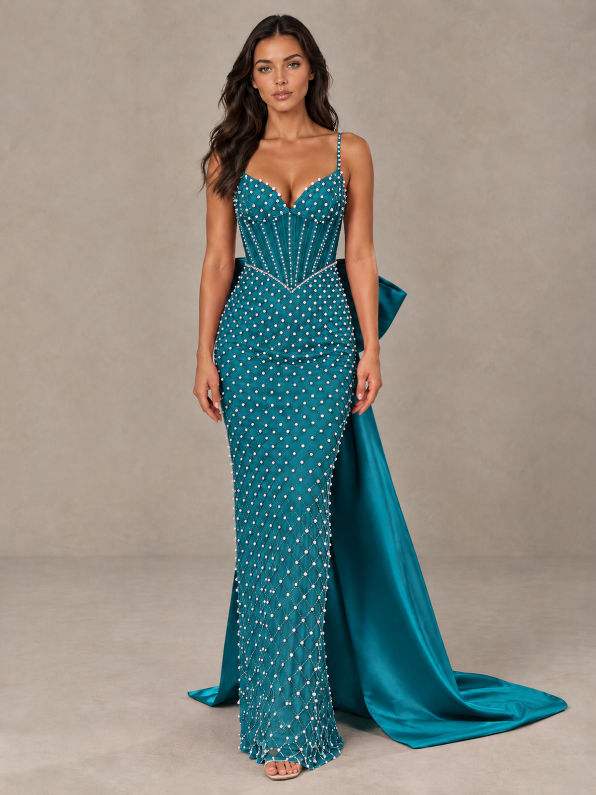 BOLODOO Peacock Beaded Corset Prom Dress with Bow Train - Peacock - Peacock_1