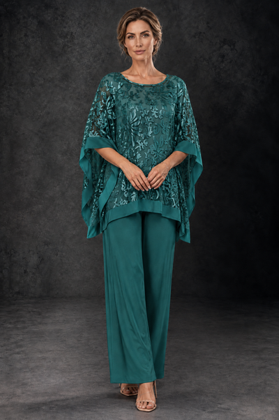 BOLODOO Peacock Floral Cape Mother of the Bride Pant Suit - Peacock - Peacock_1