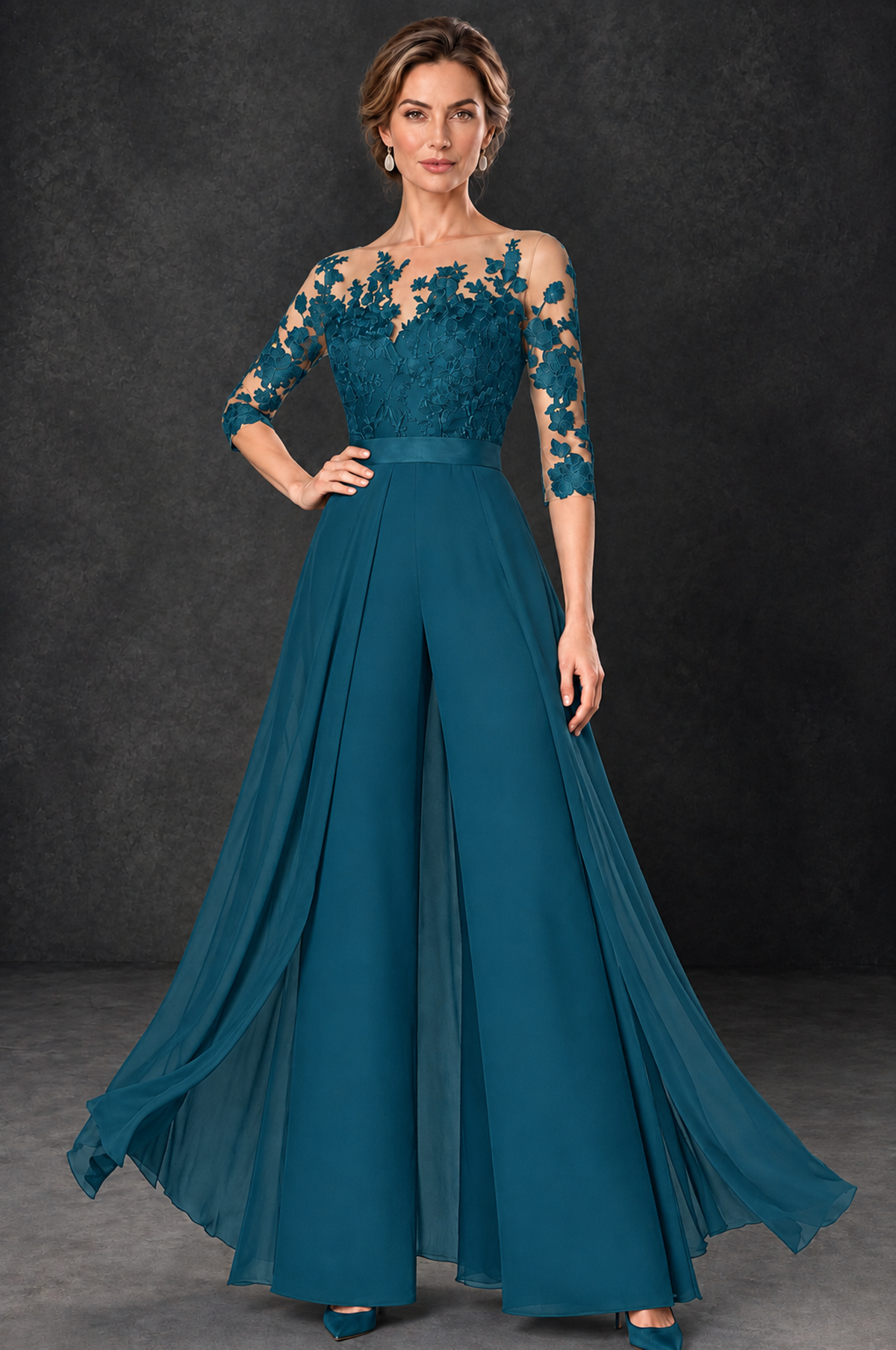 BOLODOO Peacock Lace Wide-Leg Jumpsuit with Three-Quarter Sleeves - Peacock - Peacock_1