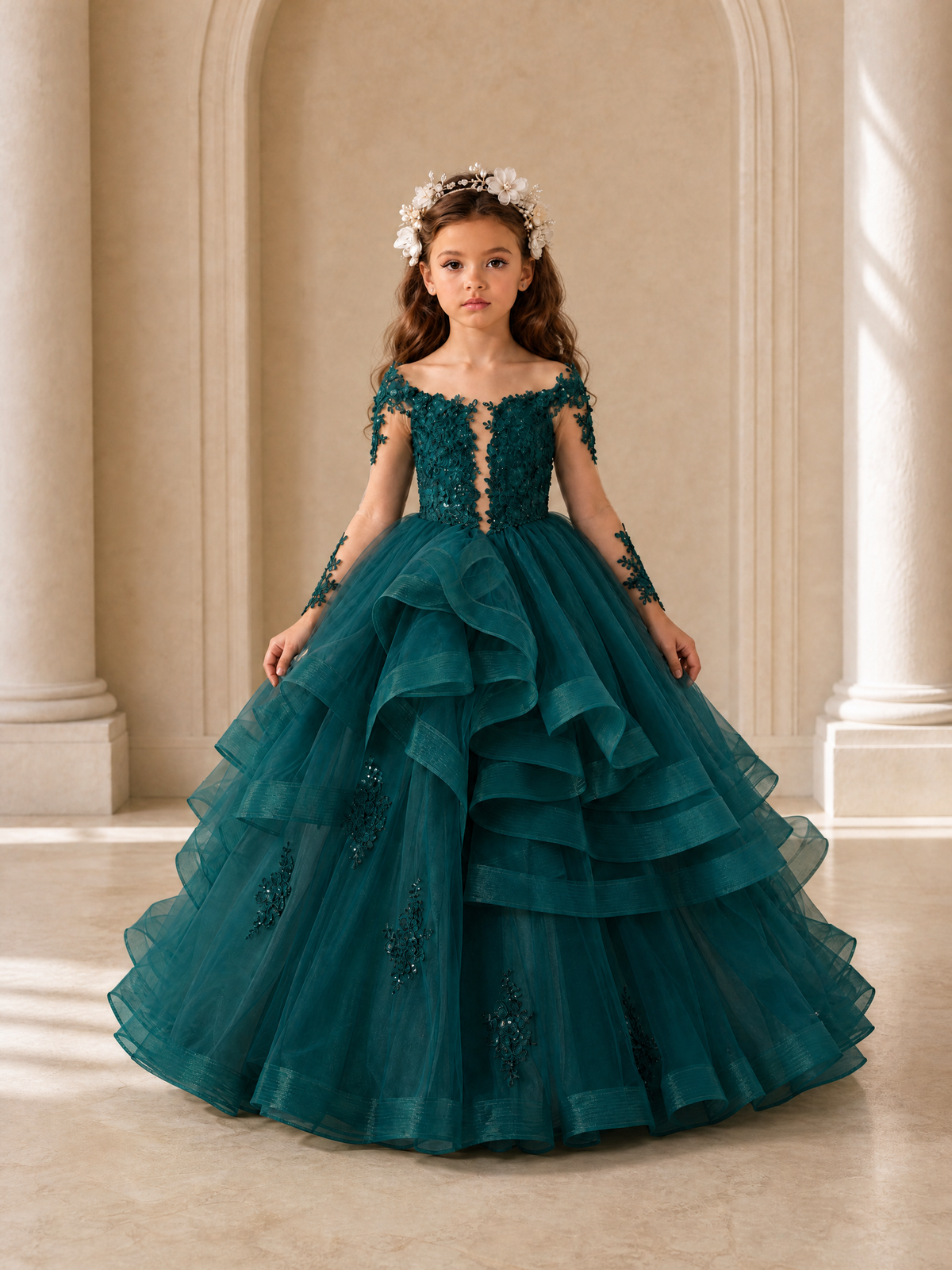 BOLODOO Peacock Lace Long Sleeve Tiered Flower Girl Dress - Peacock - Peacock_1
