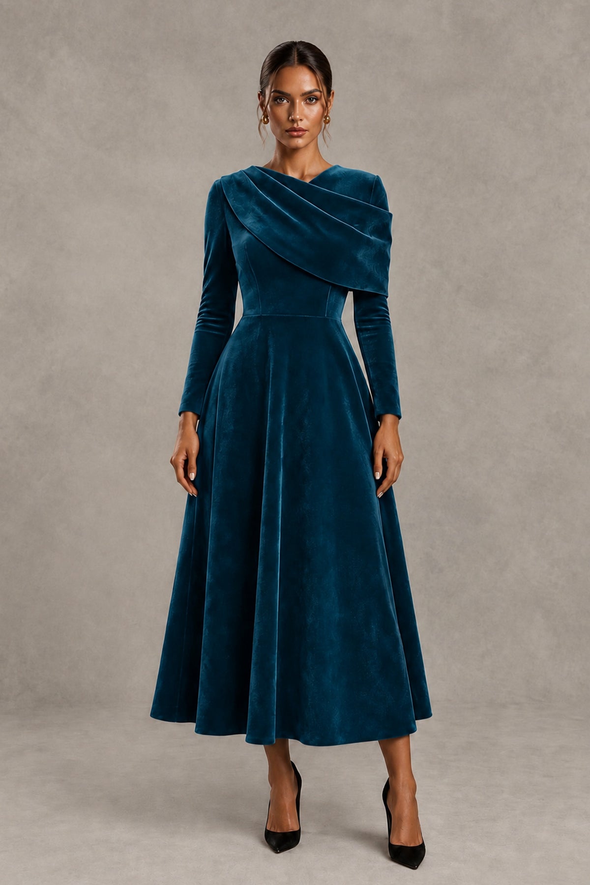 BOLODOO Peacock Velvet-Look Long Sleeve Tea-Length A-Line Dress with Draped Neckline - Peacock - Peacock_1