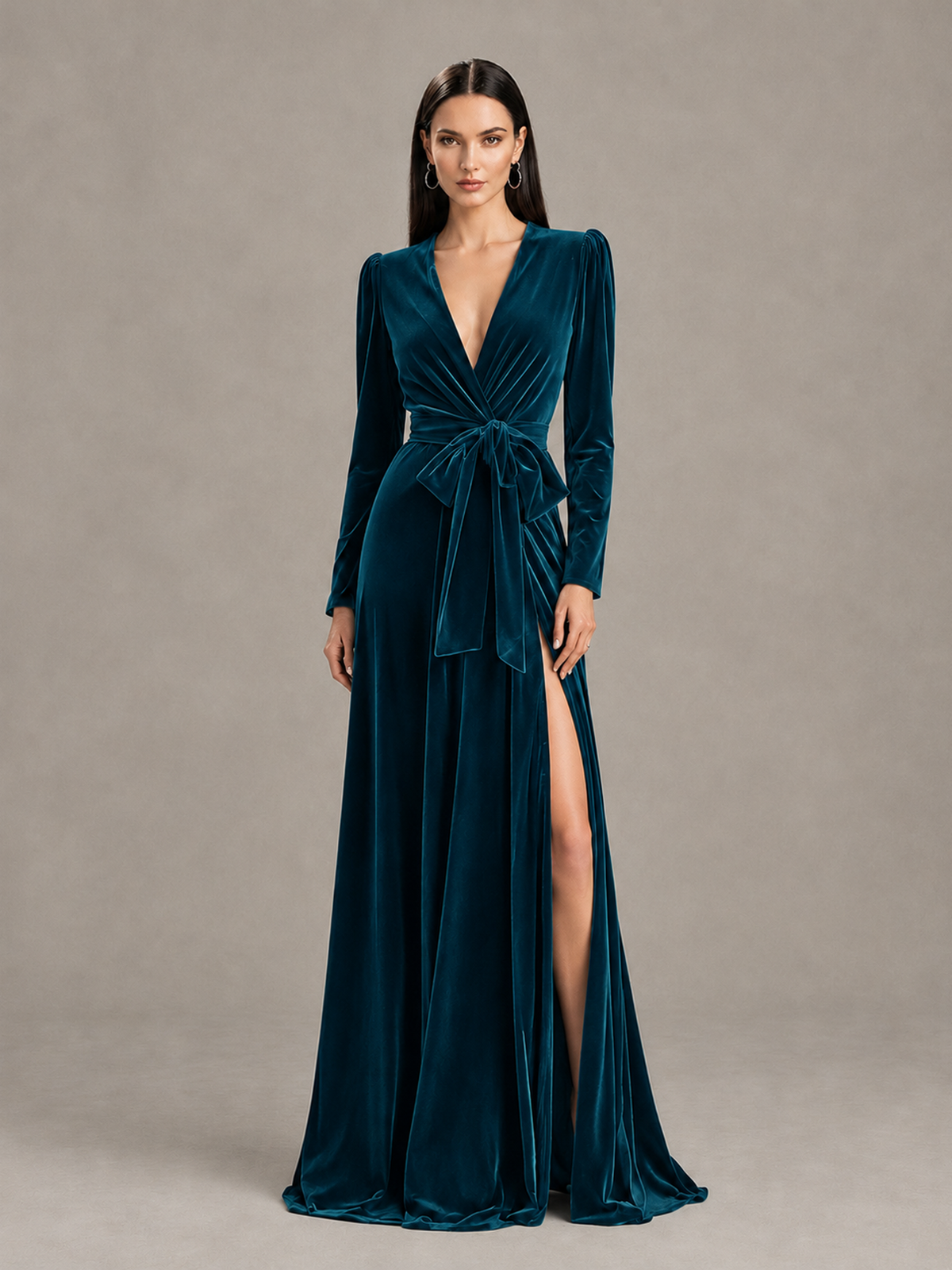BOLODOO Peacock Long Sleeve Velvet-Look Evening Dress with High Slit - Peacock - Peacock_1