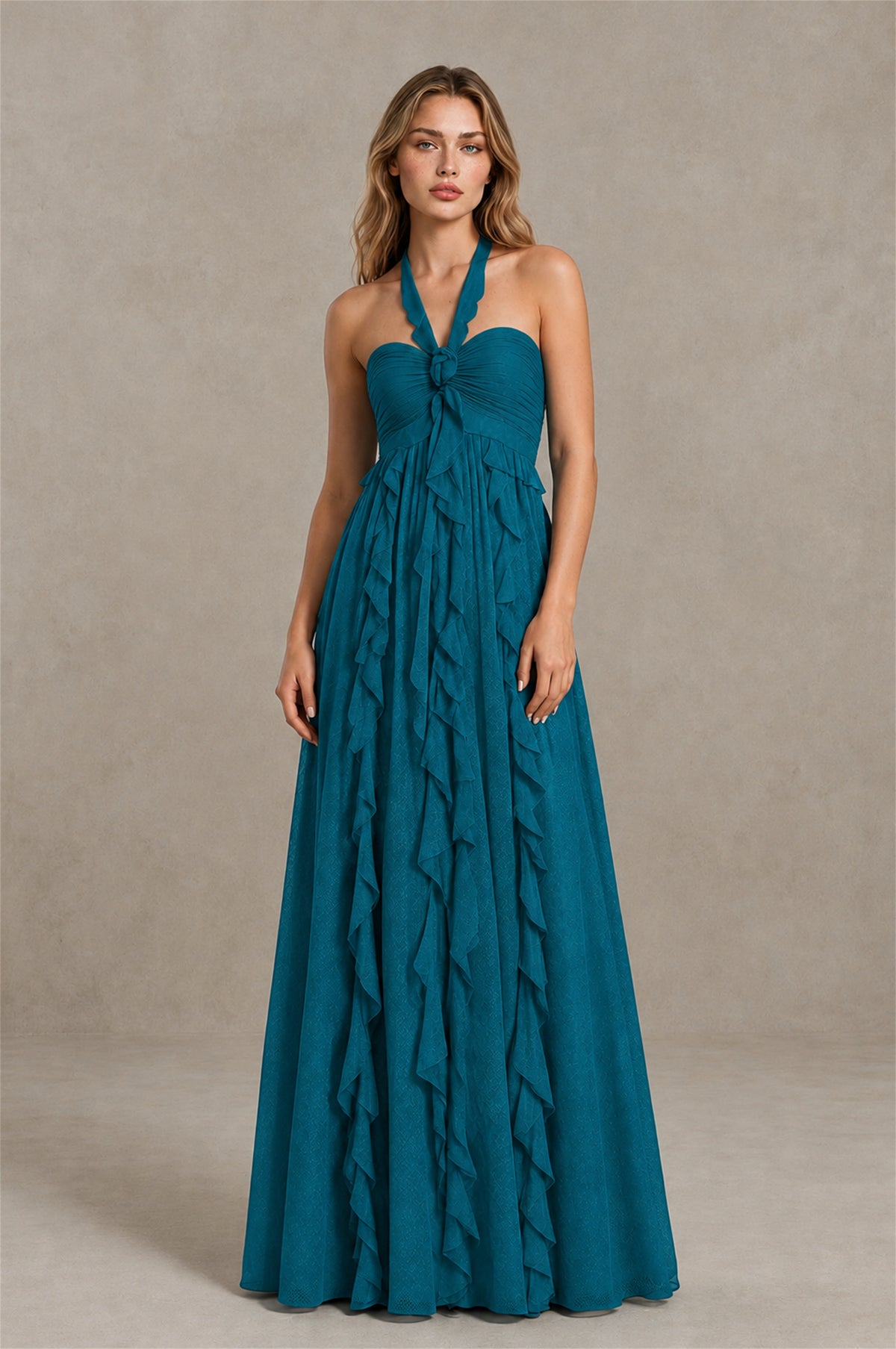 BOLODOO Peacock Halter Ruffle A-Line Floor-Length Evening Dress - Peacock - Peacock_1