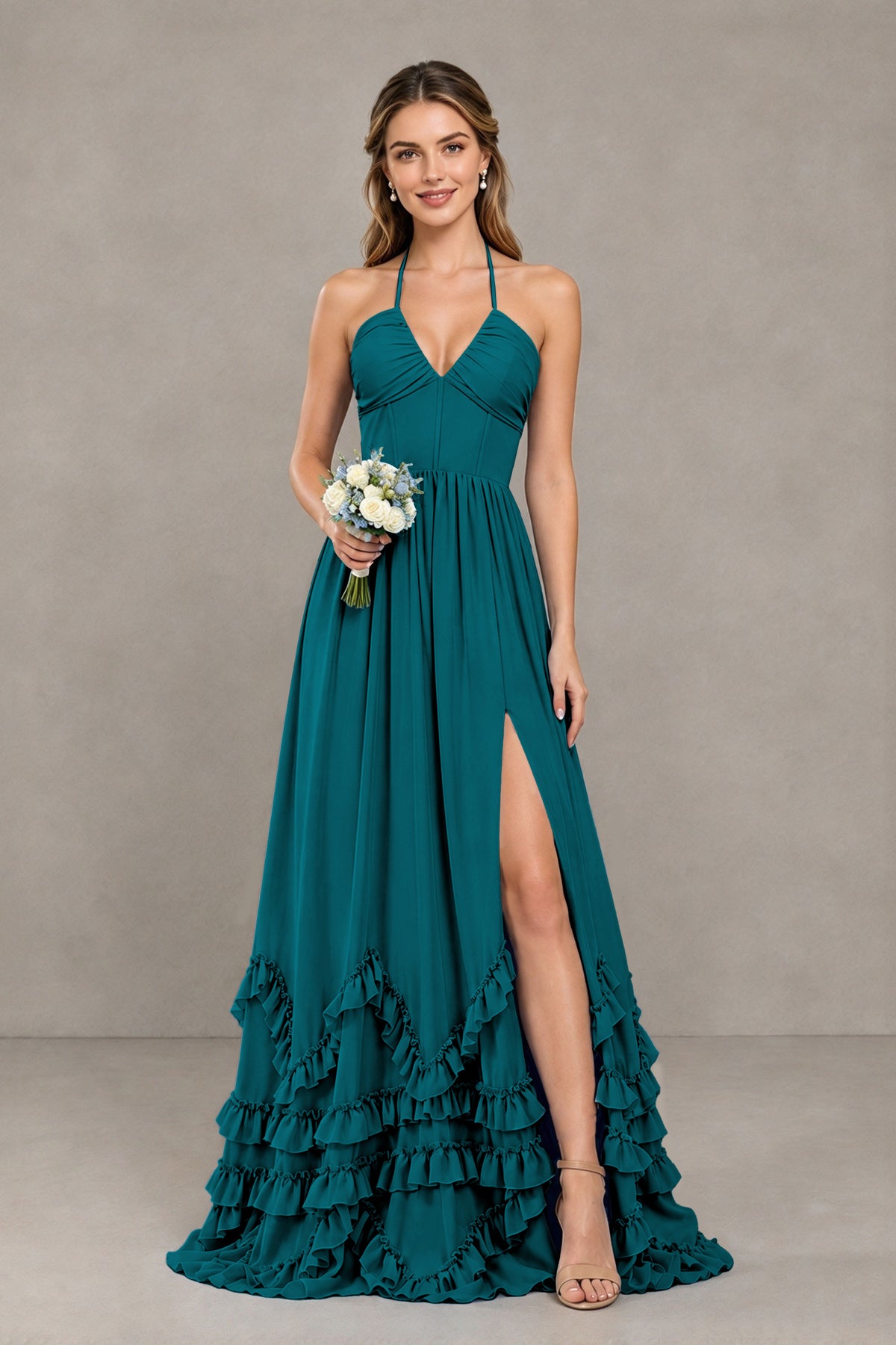 BOLODOO Peacock Halter Ruffle Hem A-Line Bridesmaid Dress with High Slit - Peacock - Peacock(1)