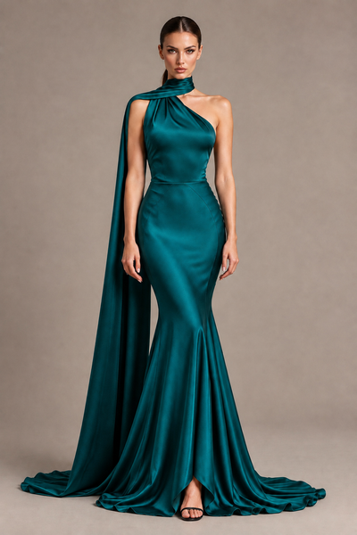 BOLODOO Peacock One-Shoulder Satin Mermaid Evening Dress with Scarf - Peacock - Peacock_1