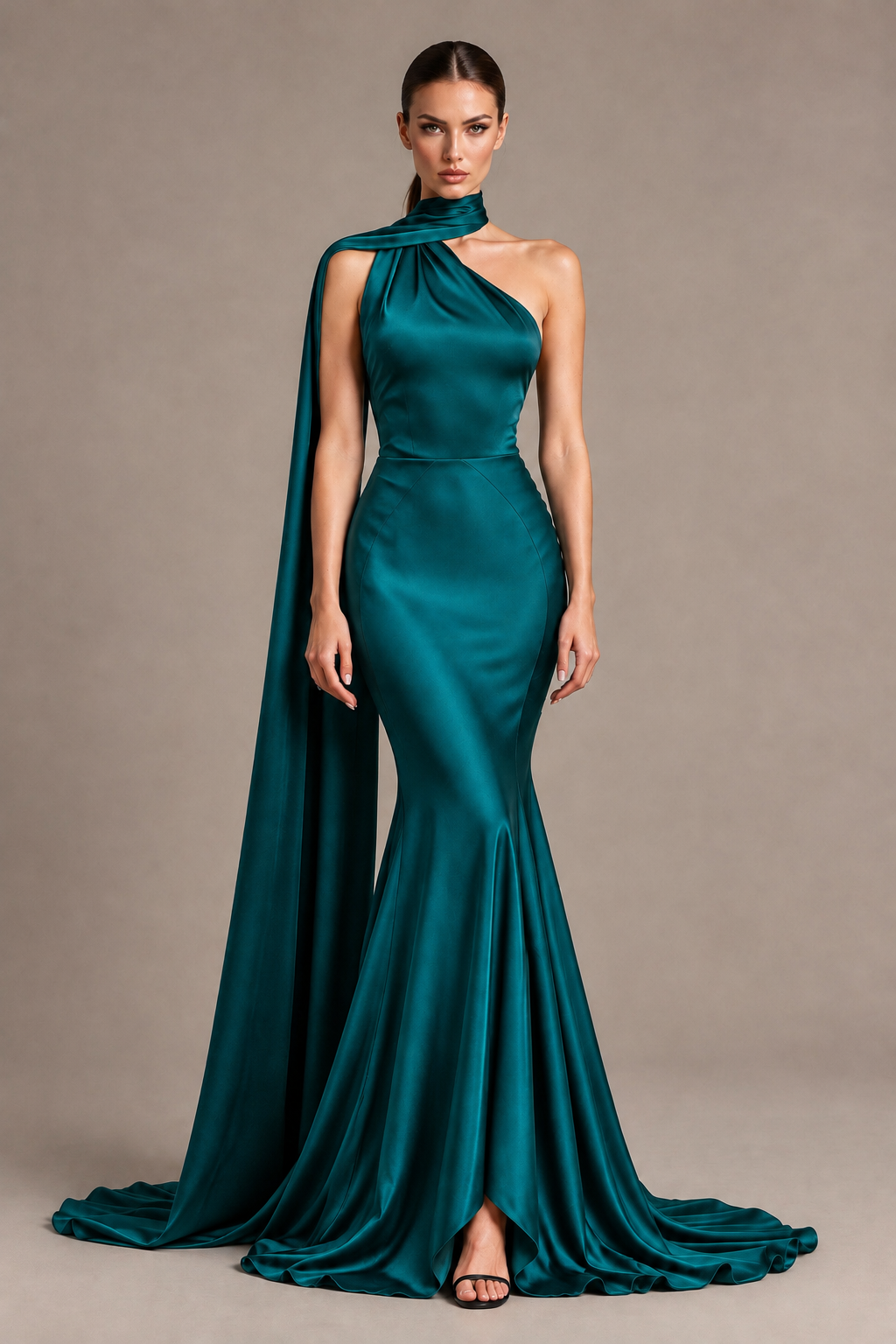 BOLODOO Peacock One-Shoulder Satin Mermaid Evening Dress with Scarf - Peacock - Peacock_1