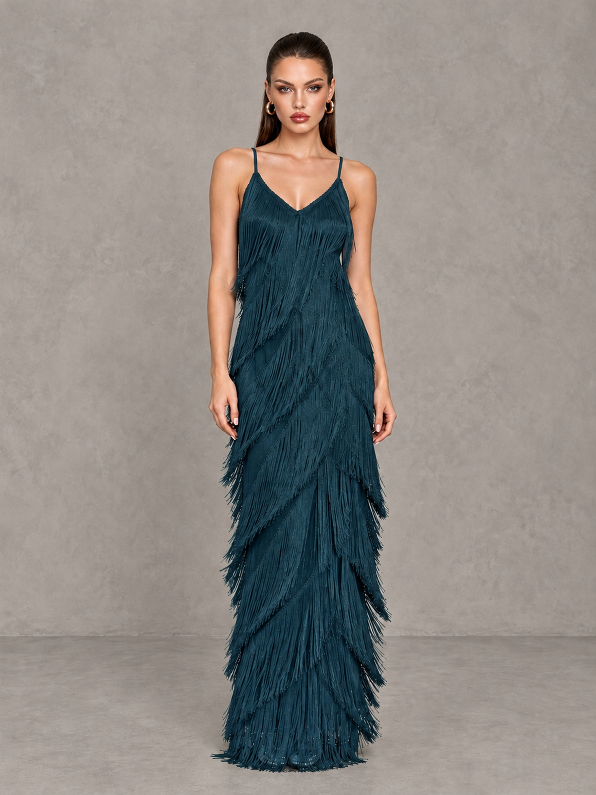 BOLODOO Peacock V-Neck Spaghetti Strap Fringe Maxi Evening Dress - Peacock - Peacock_1