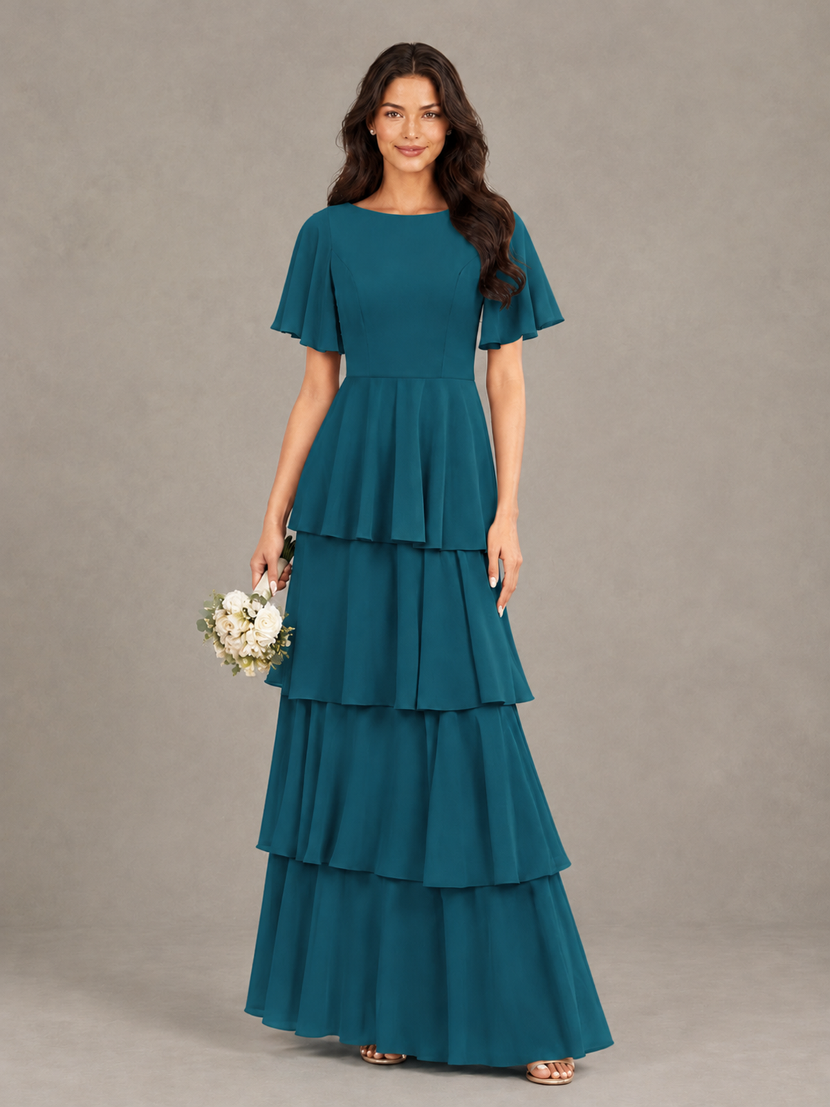 BOLODOO Peacock Tiered Flutter Sleeve Bridesmaid Dress - Peacock - Peacock_1