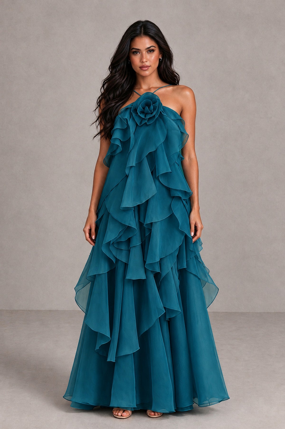 BOLODOO Peacock Cascading Ruffle Rosette Open-Back Maxi Dress - Peacock - Peacock_1
