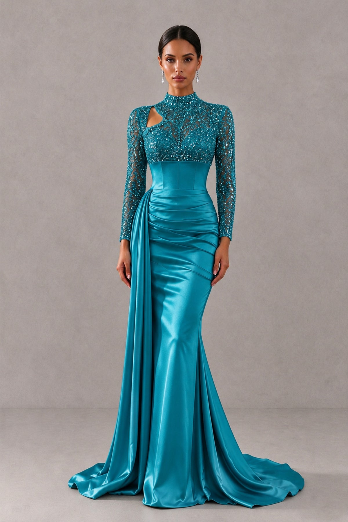 BOLODOO Peacock Long Sleeve Embellished Satin Mermaid Evening Gown - Peacock - Peacock_1