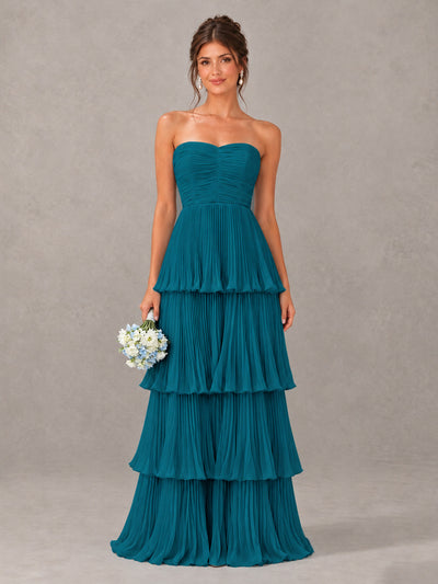 BOLODOO Peacock Strapless Tiered Pleated Bridesmaid Dress - Peacock - Peacock_1