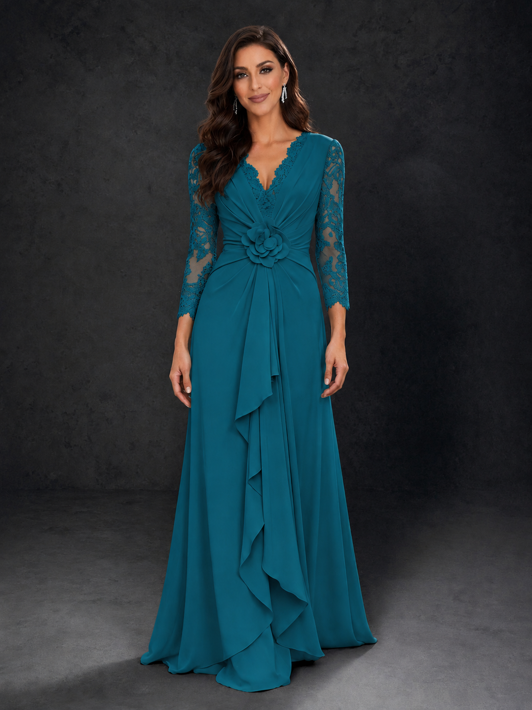 BOLODOO Peacock Lace Sleeve V-Neck Floral Waist Chiffon A-Line Maxi Dress - Peacock