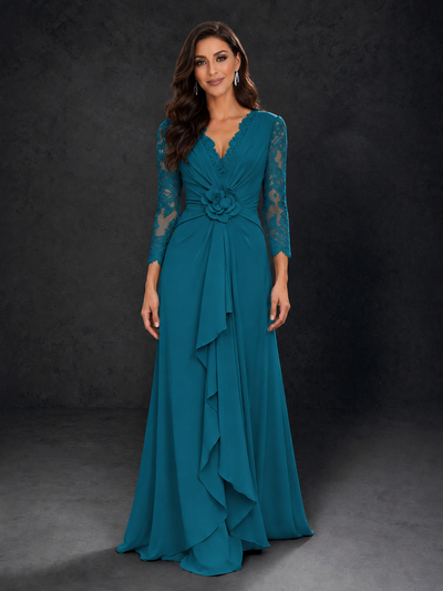 BOLODOO Peacock Lace Sleeve V-Neck Floral Waist Chiffon A-Line Maxi Dress - Peacock