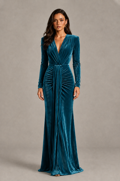 BOLODOO Peacock Velvet Long Sleeve V-Neck Ruched Evening Gown - Peacock