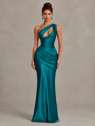 BOLODOO Peacock One-Shoulder Cutout Satin Mermaid Prom Dress - Peacock - Peacock_1
