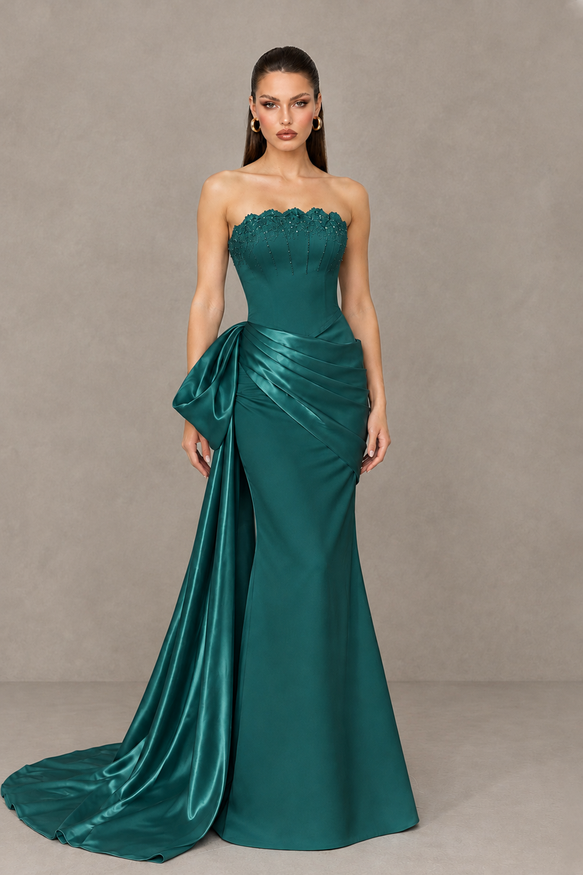 BOLODOO Peacock Strapless Satin Prom Dress with Draped Side Train - Peacock - Peacock_1