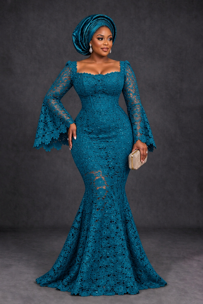 BOLODOO Peacock African Lace Mermaid Dress, Plus Size Nigerian Wedding Guest Gown with Bell Sleeves - Peacock - Peacock_1