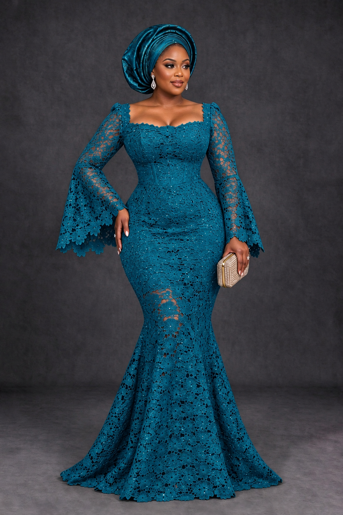 BOLODOO Peacock African Lace Mermaid Dress, Plus Size Nigerian Wedding Guest Gown with Bell Sleeves - Peacock - Peacock_1