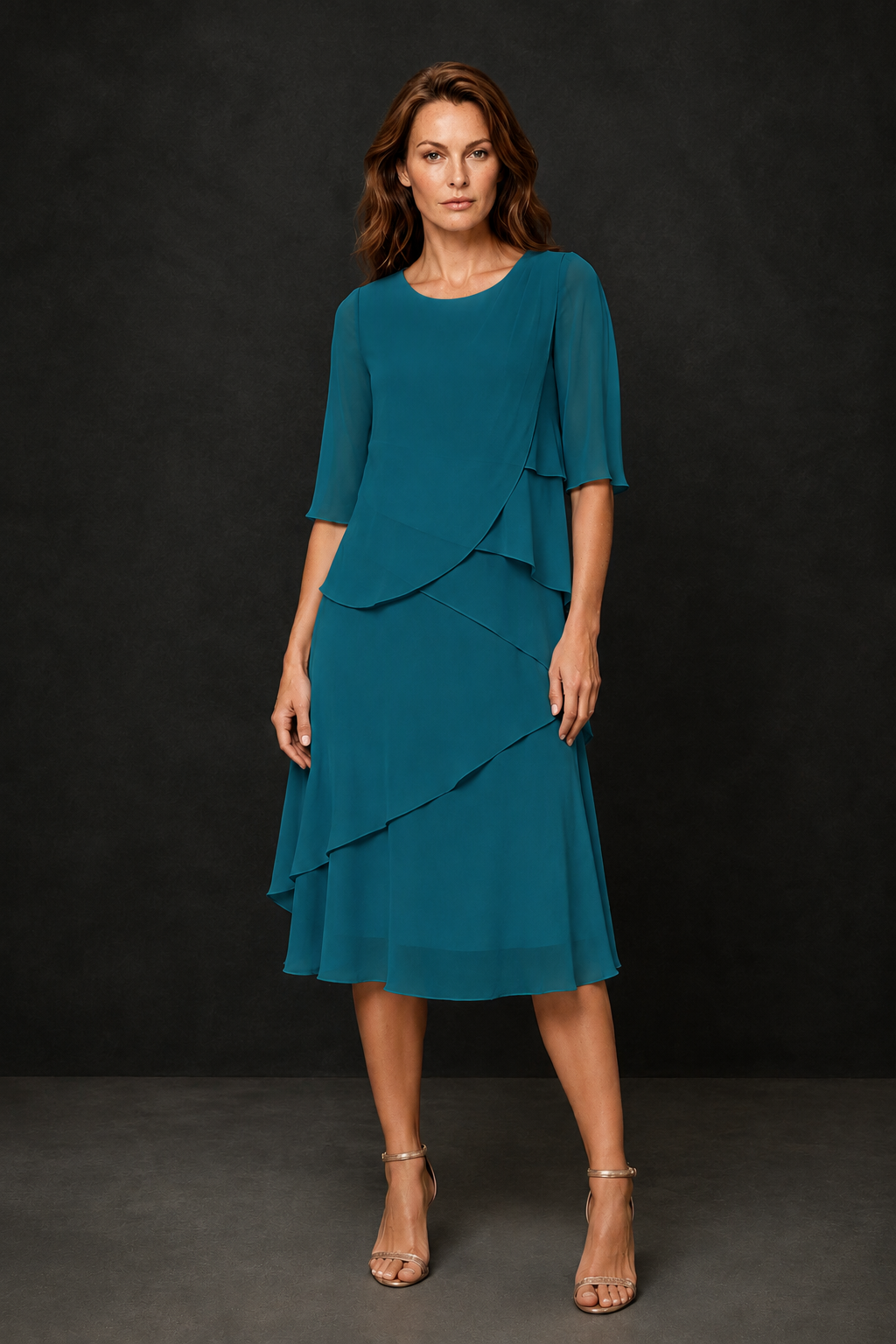 BOLODOO Peacock Chiffon 3/4 Sleeve Asymmetric Tiered Tea Length Dress | Mother of the Bride Midi Dress - Peacock