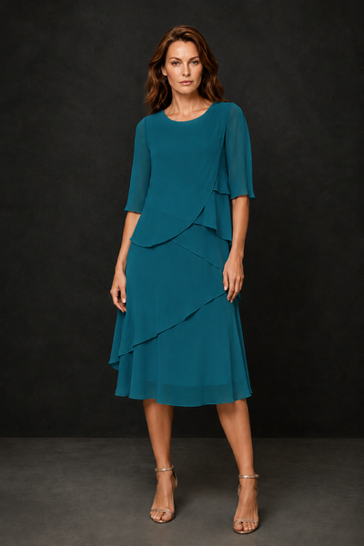 BOLODOO Peacock Chiffon 3/4 Sleeve Asymmetric Tiered Tea Length Dress | Mother of the Bride Midi Dress - Peacock