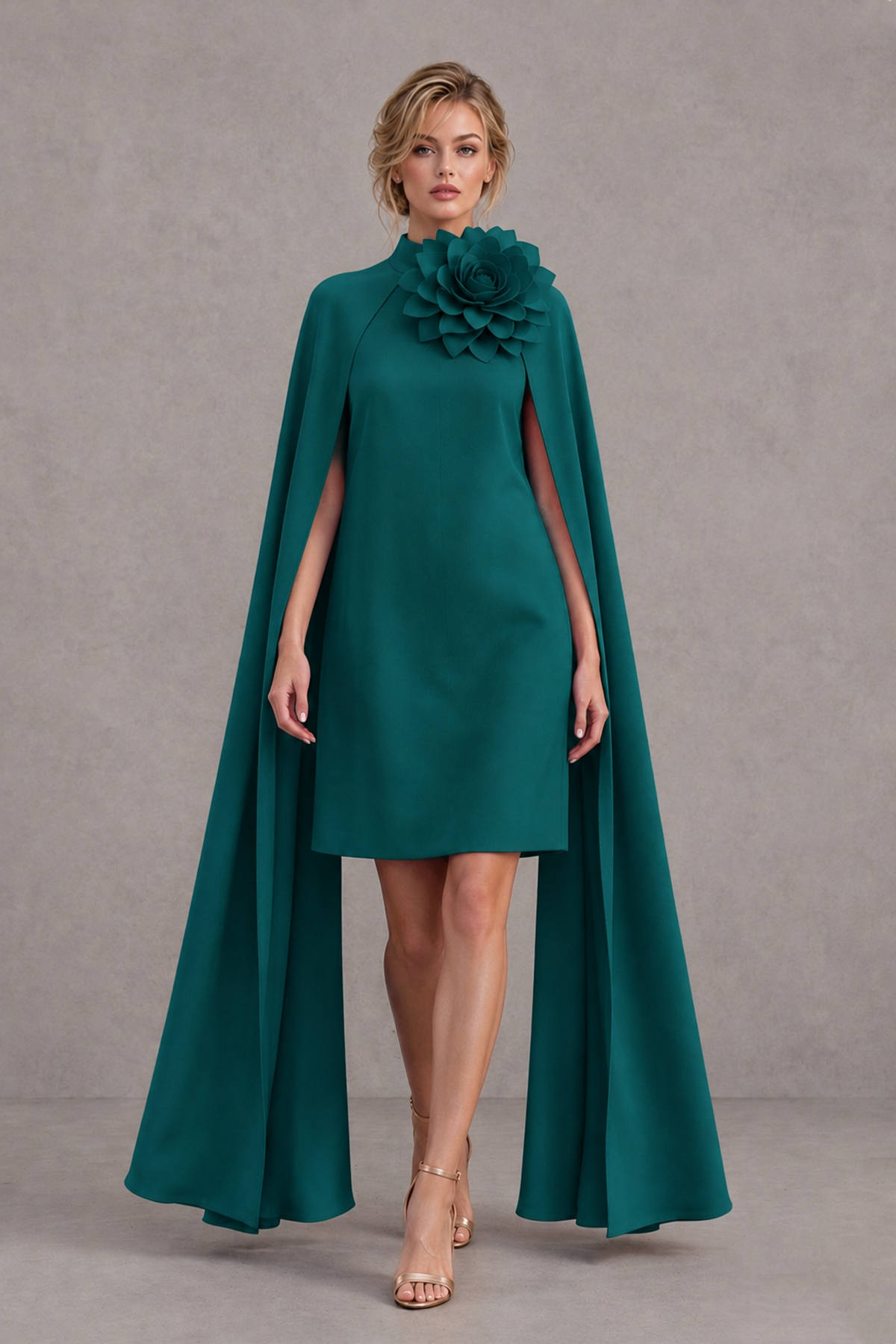 BOLODOO Peacock High Neck Floral Cape Mini Cocktail Dress - Peacock - Peacock_1