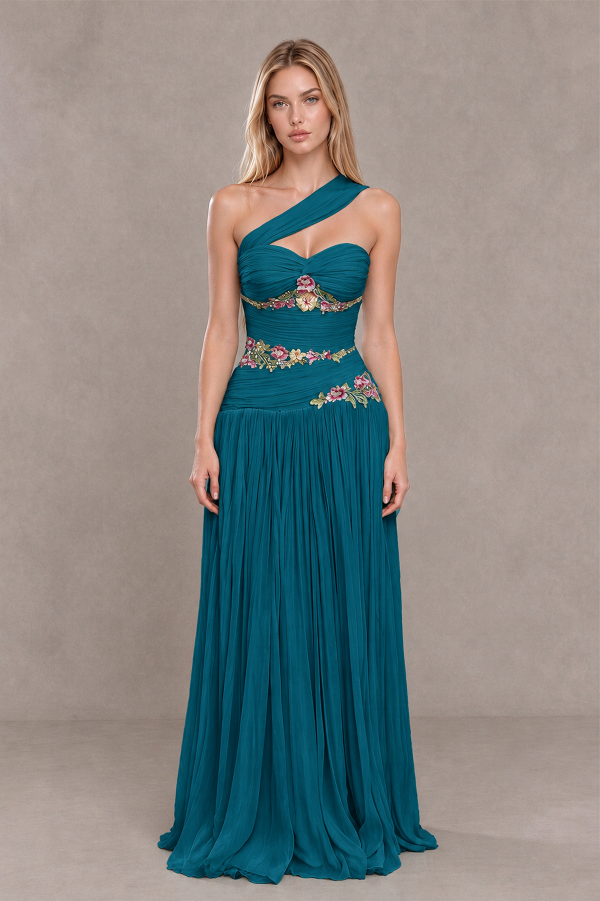 BOLODOO Peacock One-Shoulder Floral Applique A-Line Evening Dress - Peacock - Peacock_1