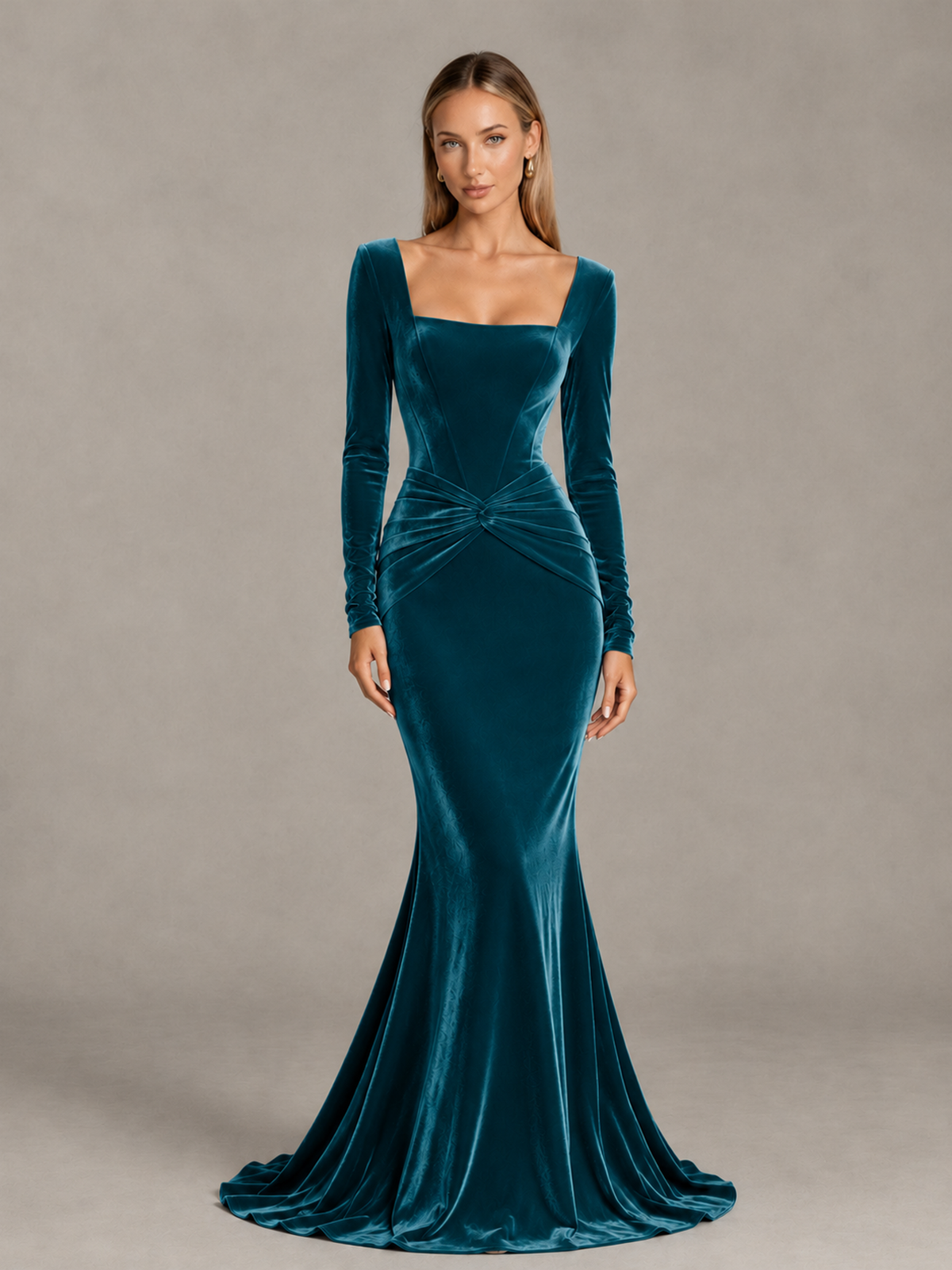 BOLODOO Peacock Velvet-Look Square Neck Long Sleeve Mermaid Evening Dress - Peacock - Peacock_1