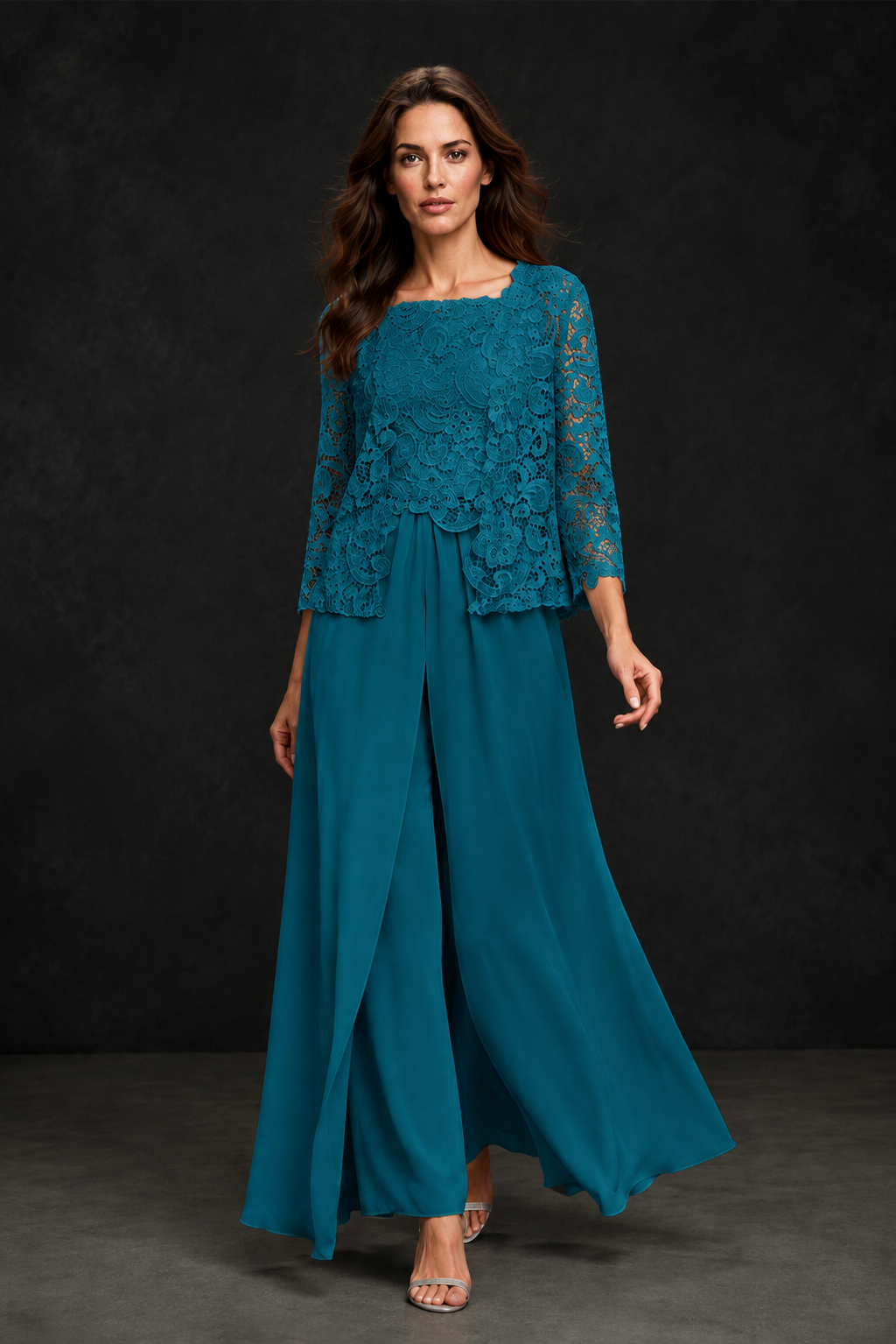 BOLODOO Peacock Grey Lace Peplum Top & Wide-Leg Chiffon Pants Set | Mother of the Bride & Formal Evening Outfit - Peacock