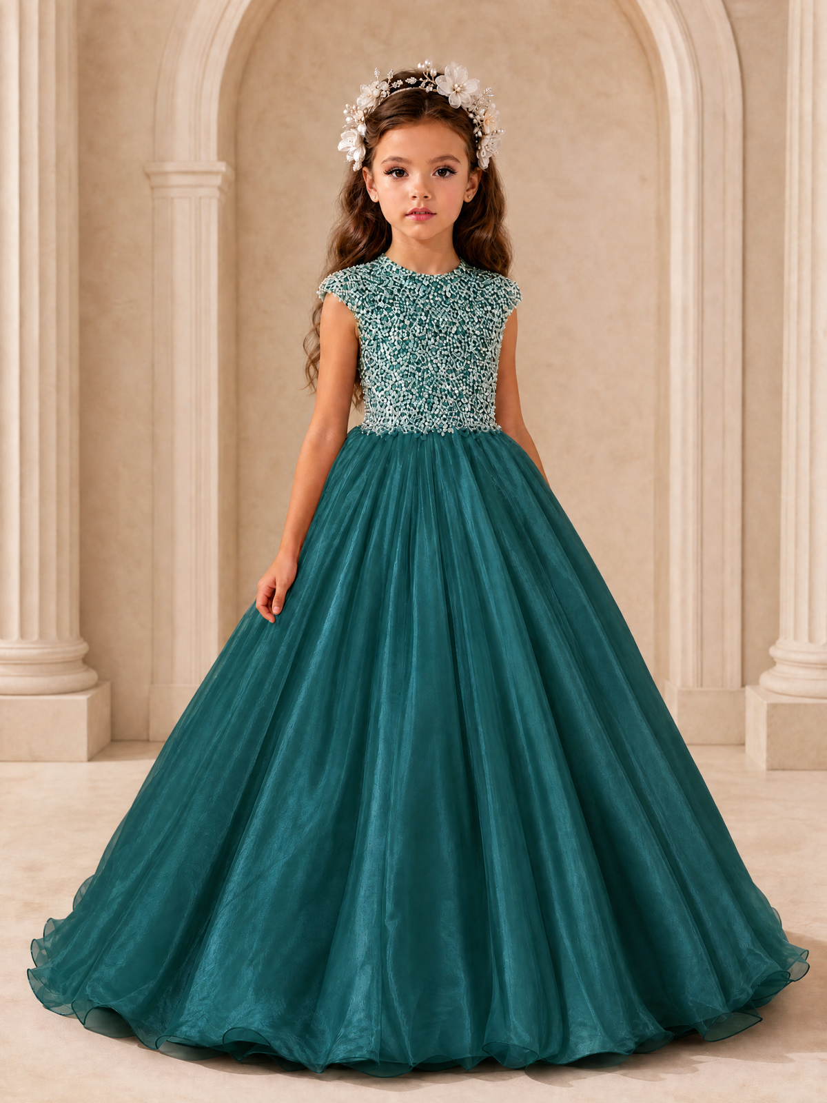 BOLODOO Peacock Sequin Tulle Flower Girl Dress with Cap Sleeves - Peacock - Peacock_1